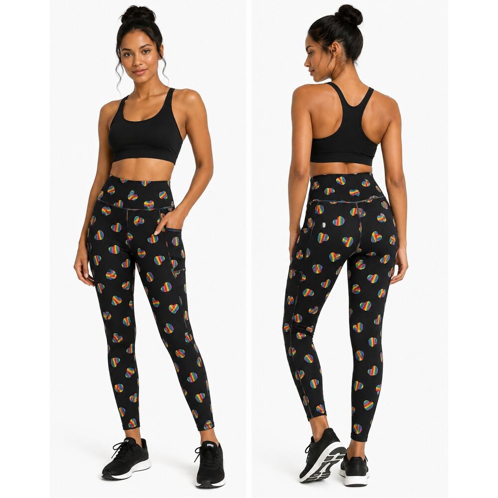 Pop Fit Women’s Medium Black Rainbow Heart Leggings High Waist Pocket Pride